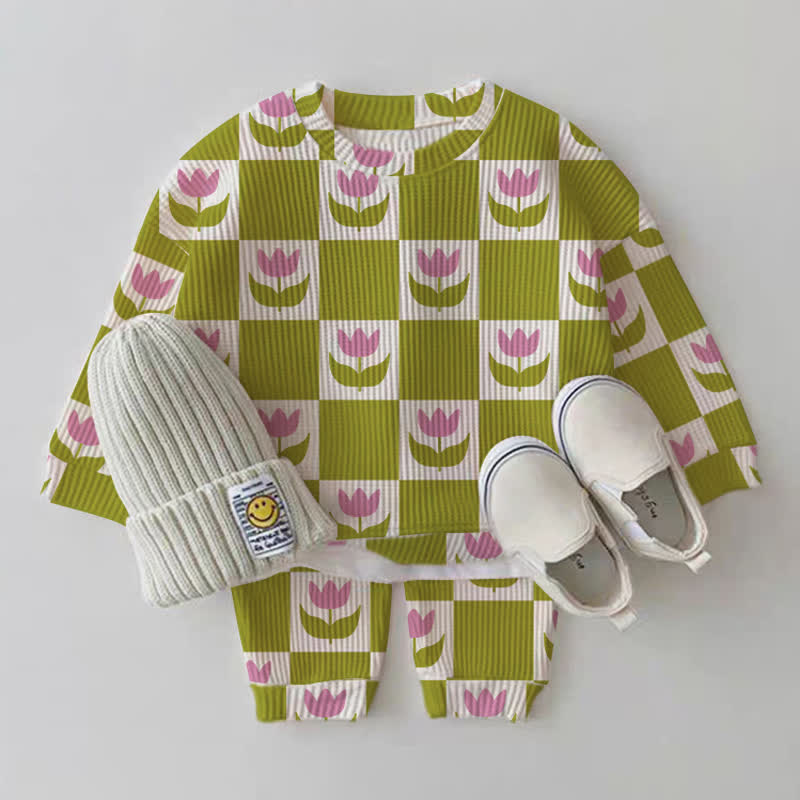 Baby Green Plaid Flower 2-piece Waffle Set - White - 2-3T - image 1