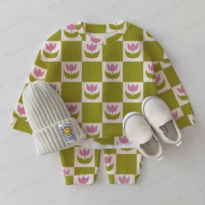 Baby Green Plaid Flower 2-piece Waffle Set - White - 2-3T - image 1