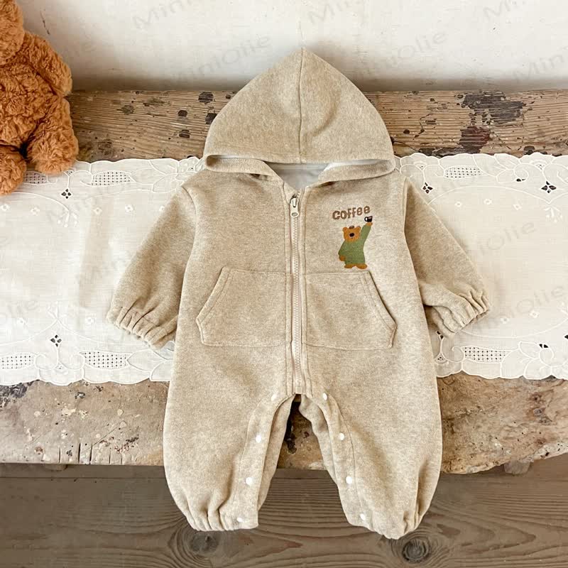 Baby Bear Pocket Fleece Lined Hooded Romper - Khaki - 2-3T - image 7