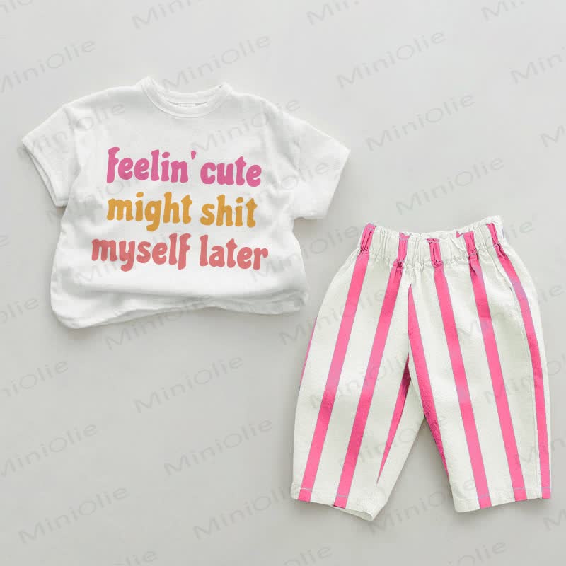 FEELIN' CUTE MIGHT SHIT MYSELF LATER Baby Pink Vertical Striped 2-piece Set - White&Pink - 2-3T - image 1