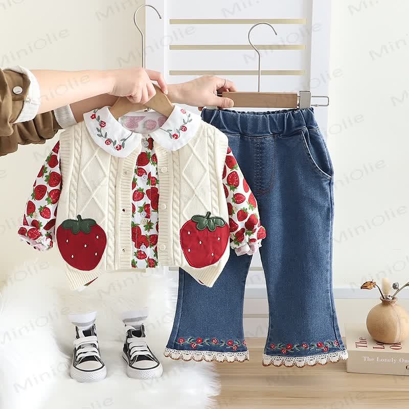 Baby Toddler Girl Strawberry Flower 3-piece Knit Set - Beige - 5-7T - image 2