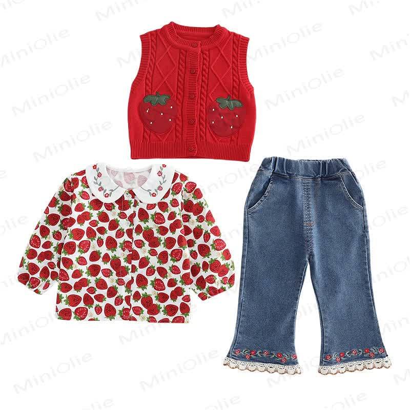 Baby Toddler Girl Strawberry Flower 3-piece Knit Set - image 4