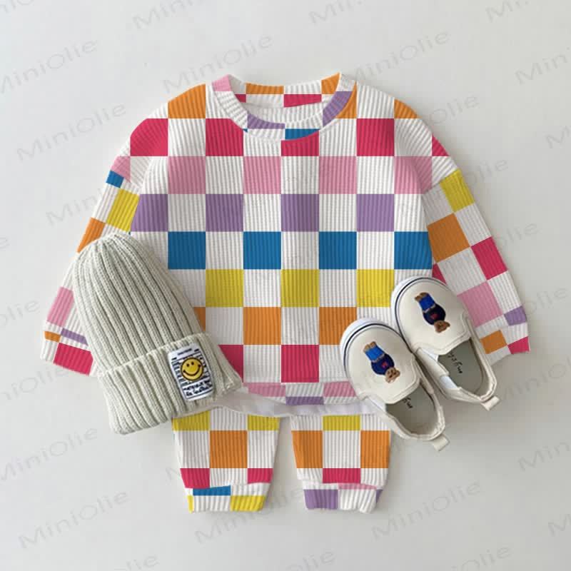 Baby Waffle Colorful Checkerboard Sweatshirt 2-piece Set - Colorful - 18-24M - image 1