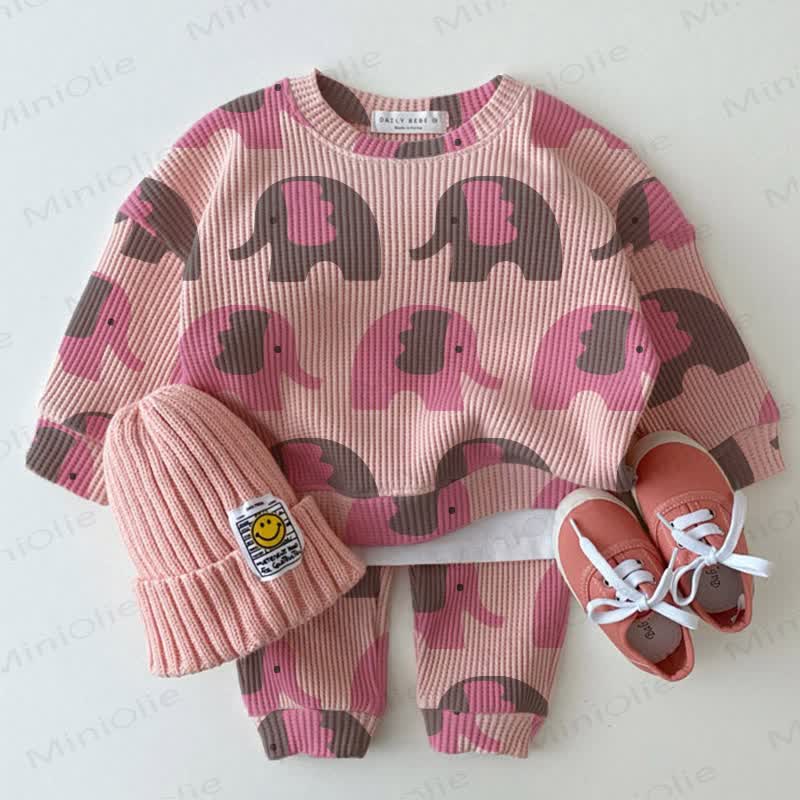 Baby Waffle Pink & Grey Elephants Sweatshirt 2-piece Set - Pink - 18-24M - image 1