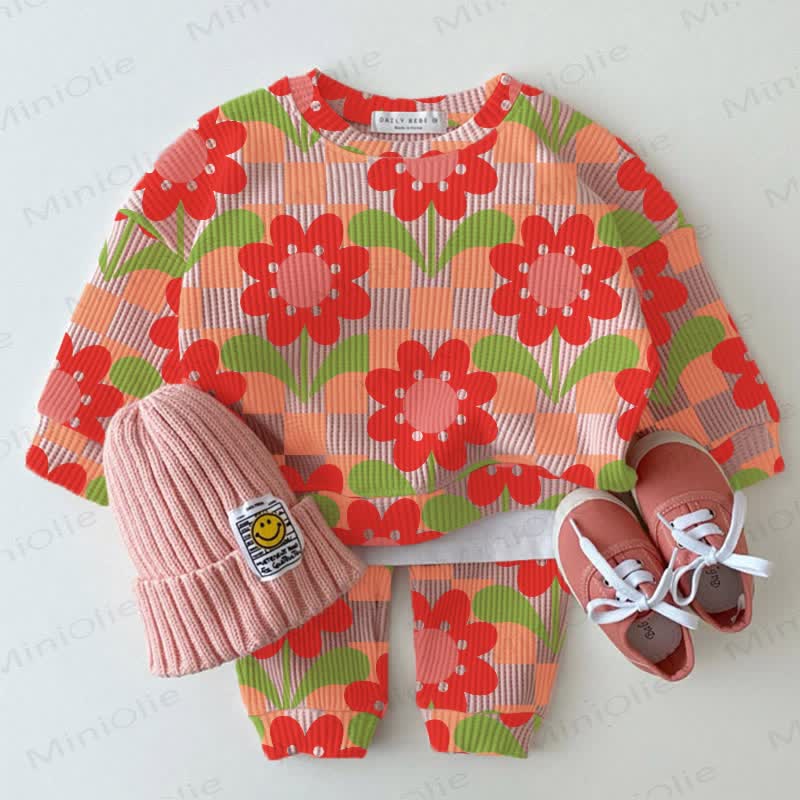 Baby Waffle Checkerboard Red Flowers Sweatshirt 2-piece Set - Pink - 18-24M - image 1