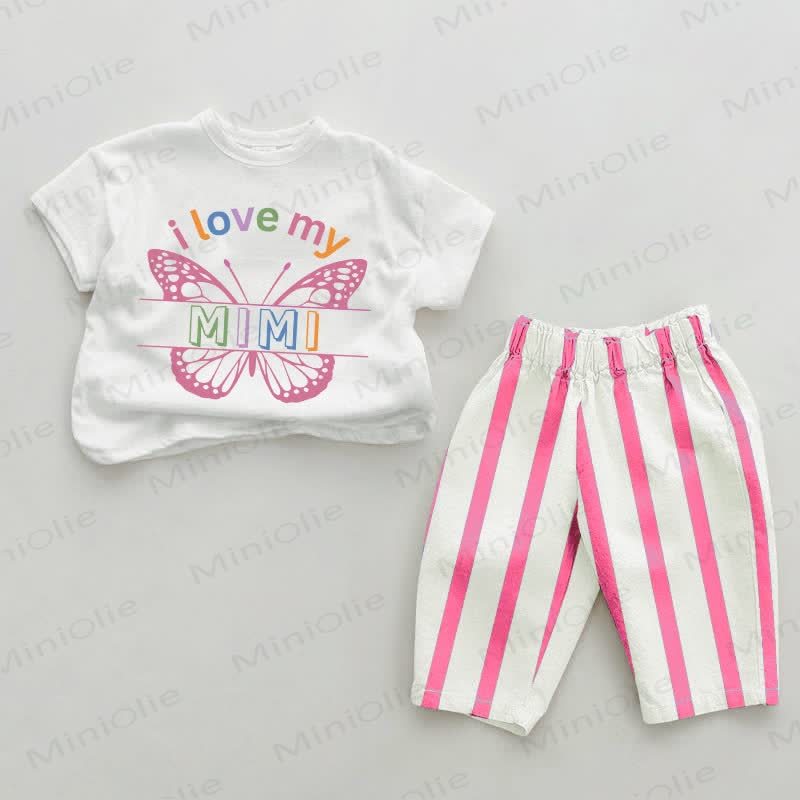 I LOVE MY MIMI Baby Butterfly Pink Vertical Striped 2-piece Set - White&Pink - 2-3T - image 1