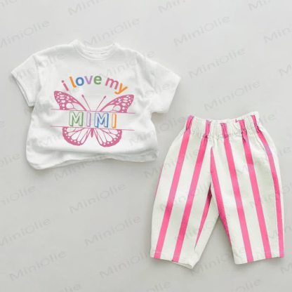 I LOVE MY MIMI Baby Butterfly Pink Vertical Striped 2-piece Set - White&Pink - 2-3T - image 1