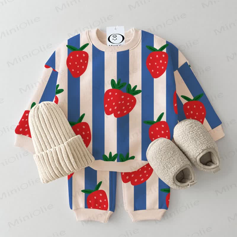 Baby 2-piece Blue Stripe Strawberry Beige Set - Beige - 3-5T - image 1