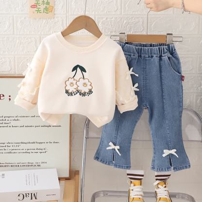WORLD IS MINE Baby Toddler Girl Flower Bow Smiley 2-piece Set - Beige - 5-7T - image 3