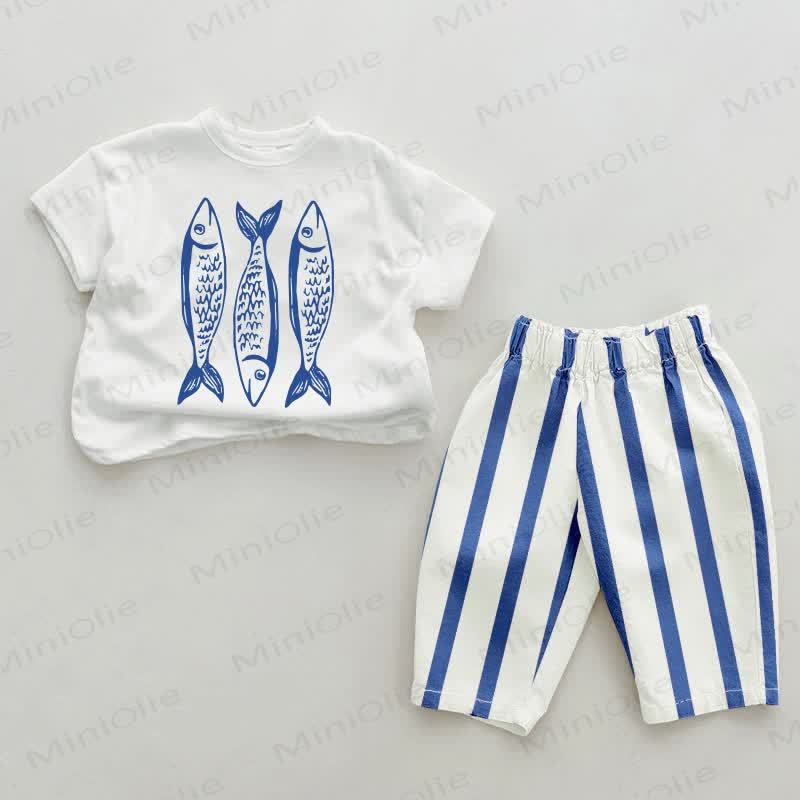 Baby Blue Sardines Vertical Striped 2-piece Set - White&Blue - 2-3T - image 1