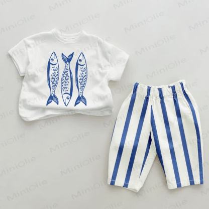 Baby Blue Sardines Vertical Striped 2-piece Set - White&Blue - 2-3T - image 1