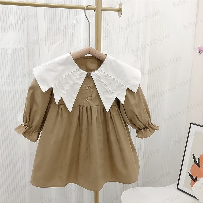 Toddler Kid Girl Lapel Solid Color Dress - Khaki - 8Y - image 1