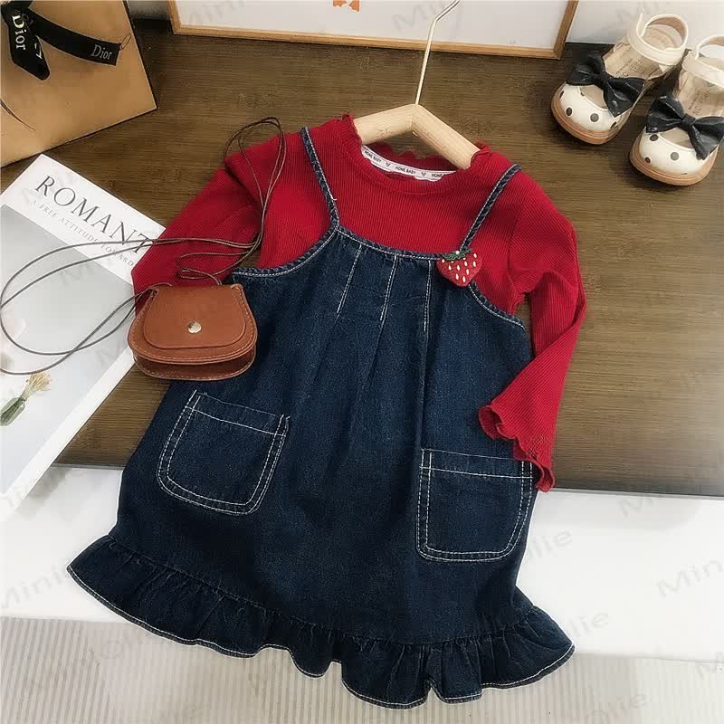 Toddler Kid Girl Denim Strawberry Dress - Red - 10Y - image 1