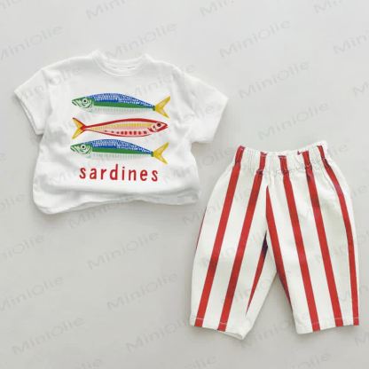 SARDINES Baby Red Vertical Striped 2-piece Set - White&Red - 2-3T - image 1