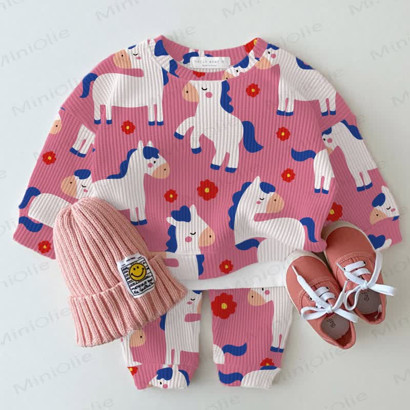Baby Waffle Lovely Horse Sweatshirt 2-piece Set - Pink - 18-24M - image 1