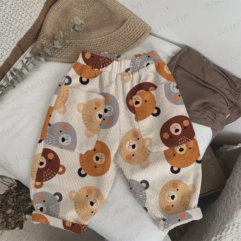 Baby Toddler Multicolor Bear Heads Corduroy Pants - Beige - 5-7T - image 1