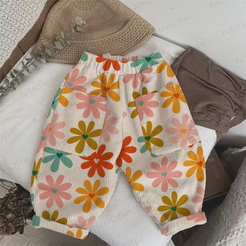 Baby Toddler Colorful Flower Hearts Corduroy Pants - Beige - 5-7T - image 1