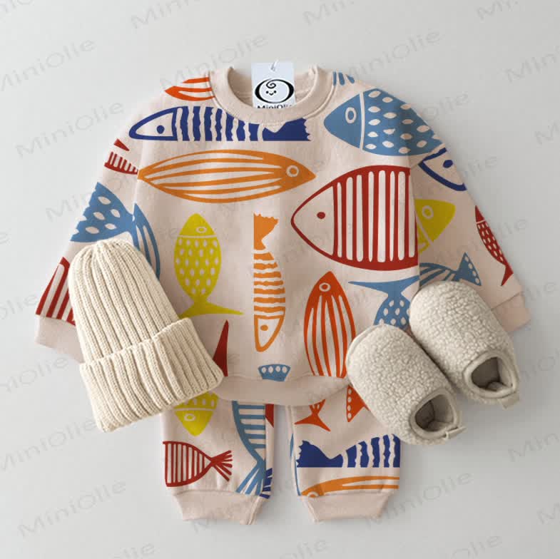 Baby Colorful Cartoon Fish Sweatshirt 2-piece Beige Set - Beige - 2-3T - image 1