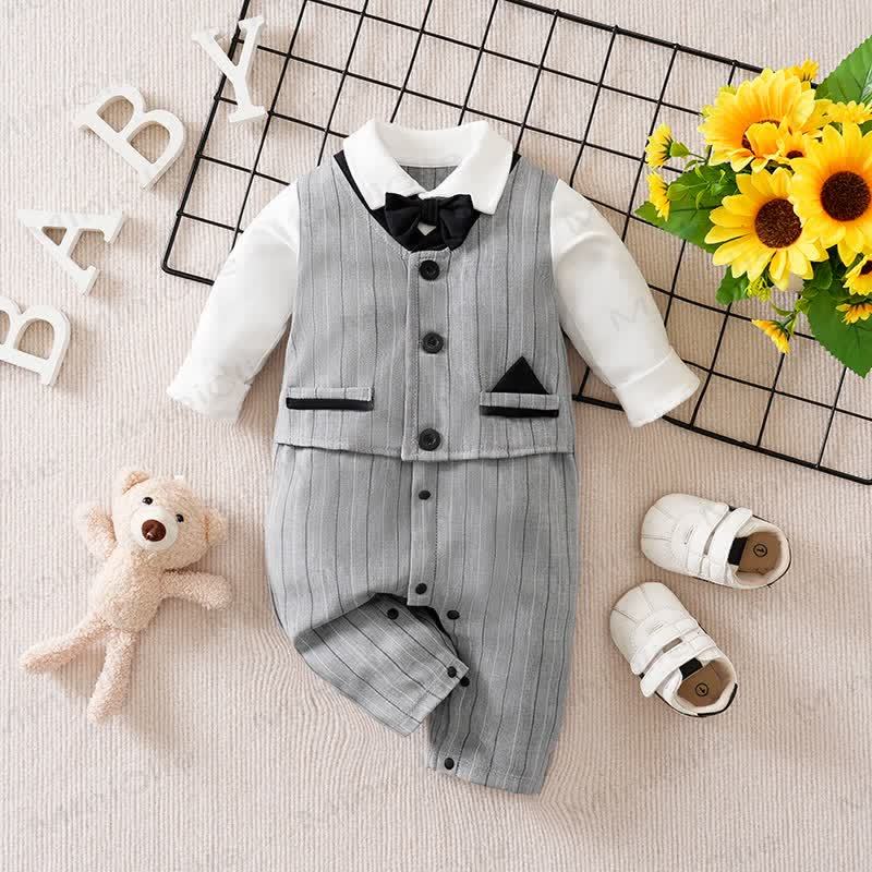 Baby Striped Bow Tie Fake 2pcsRomper - Grey - 12-18M - image 7