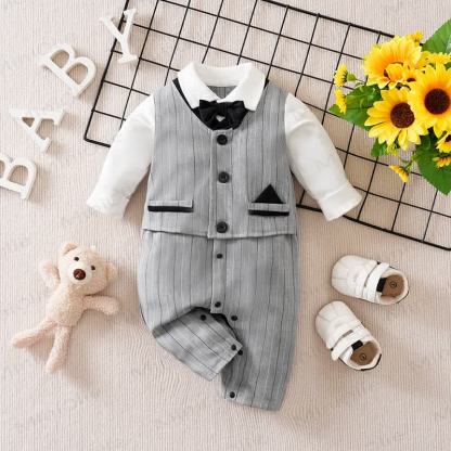 Baby Striped Bow Tie Fake 2pcsRomper - Grey - 12-18M - image 7