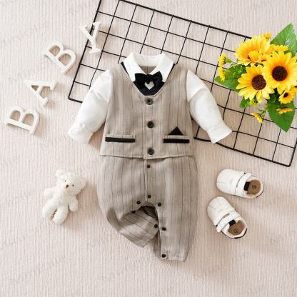 Baby Striped Bow Tie Fake 2pcsRomper - Brown - 12-18M - image 2