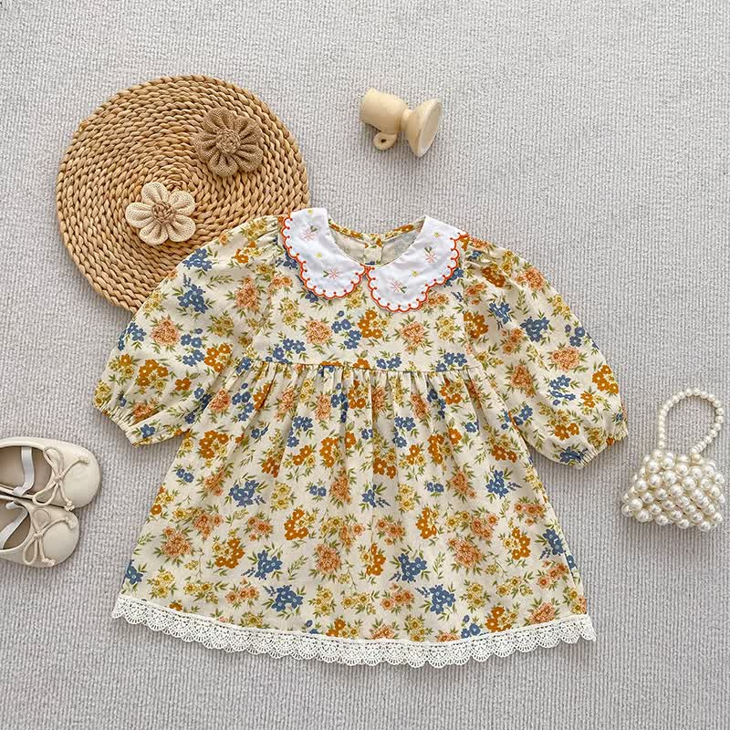 Baby Toddler Girl Yellow Blue Flower Dress - Beige - 8Y - image 1