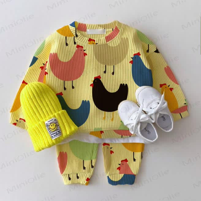 Baby Waffle Colored Hen Sweatshirt 2-piece Set - Yellow - 18-24M - image 1