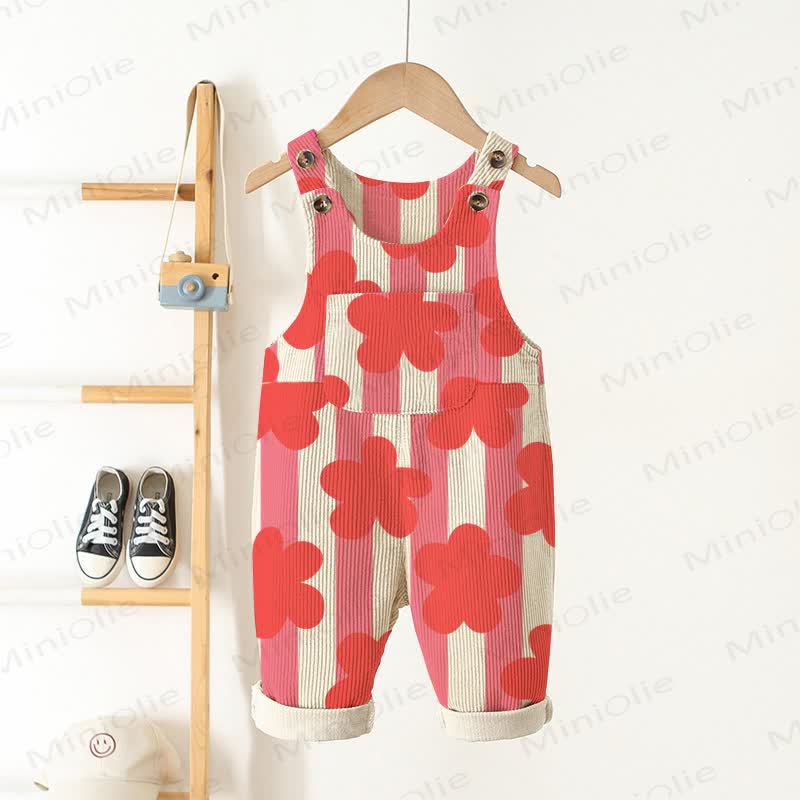 Baby Toddler Red Floral Vertical Striped Overalls - Beige&Pink - 3-5T - image 1