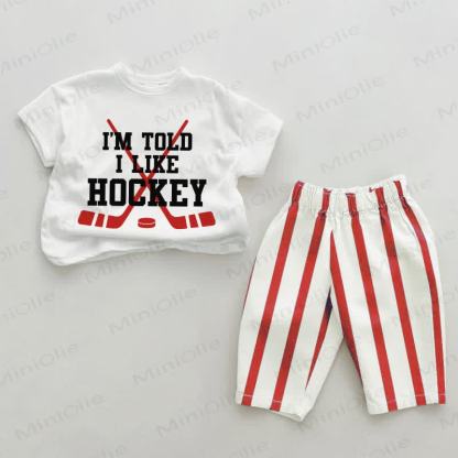 I'M TOLD I LIKE HOCKEY Baby Red Vertical Striped 2-piece Set - White&Red - 2-3T - image 1
