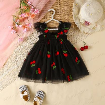 Baby Girl Sweet Flying Sleeveless Mesh Dress - Black Cherry - 3-4Y - image 1