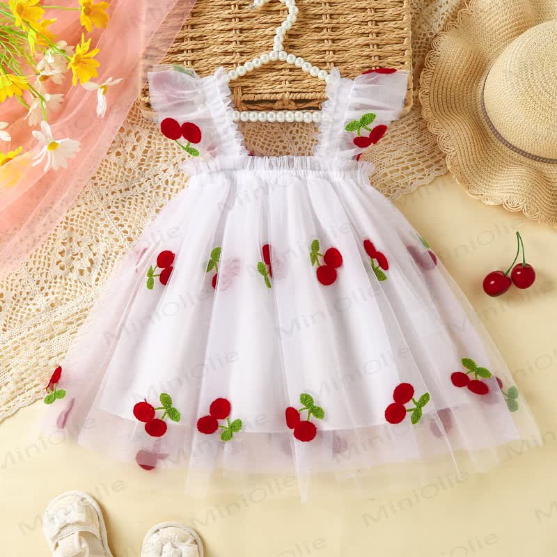 Baby Girl Sweet Flying Sleeveless Mesh Dress - White Cherry - 3-4Y - image 3