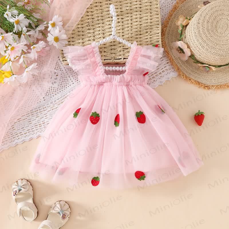 Baby Girl Sweet Flying Sleeveless Mesh Dress - Pink Strawberry - 3-4Y - image 4