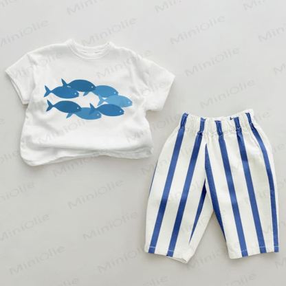 Baby 2-piece Fish Blue Vertical Striped Set - White&Blue - 2-3T - image 1