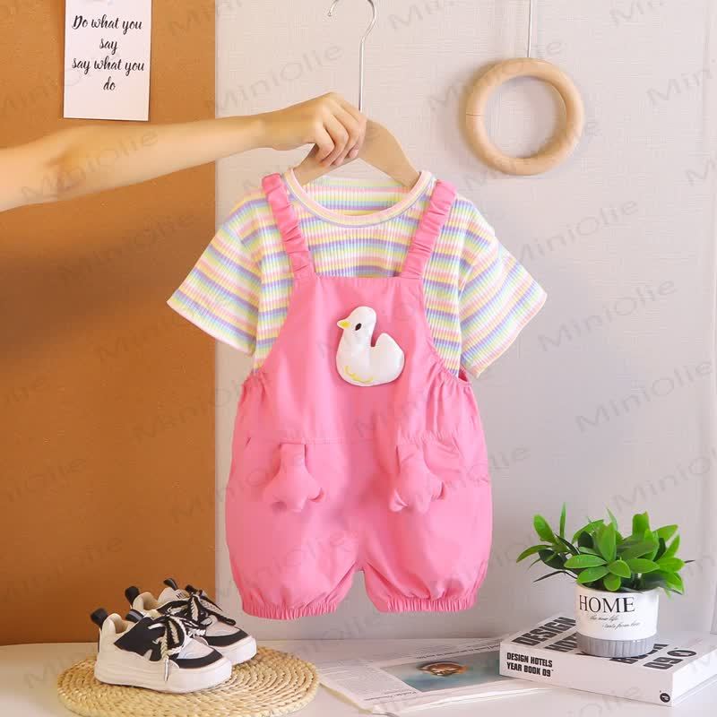 Toddler 2-Piece Duck Striped Overalls Set - Fuchsia - 5-7T - image 3