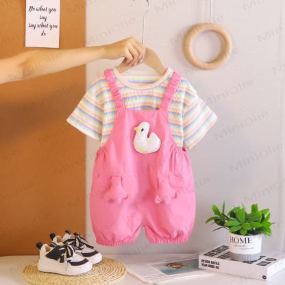 Toddler 2-Piece Duck Striped Overalls Set - Fuchsia - 5-7T - image 3