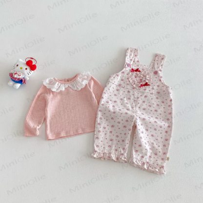 Baby Toddler Girl 2-piece Love Bow Cat Flower Overalls/Solid Color Top Set - image 4
