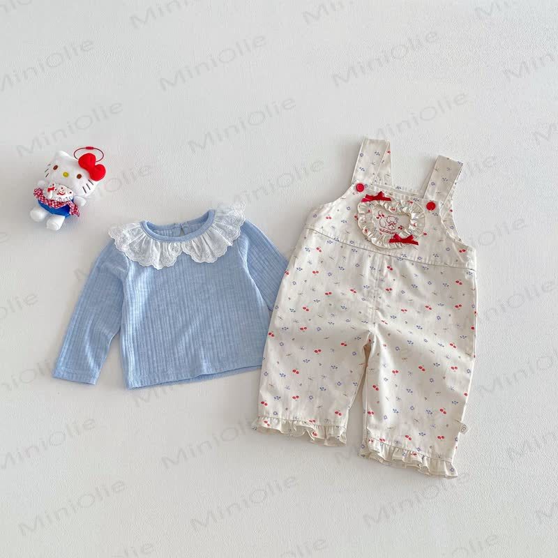 Baby Toddler Girl 2-piece Love Bow Cat Flower Overalls/Solid Color Top Set - image 3