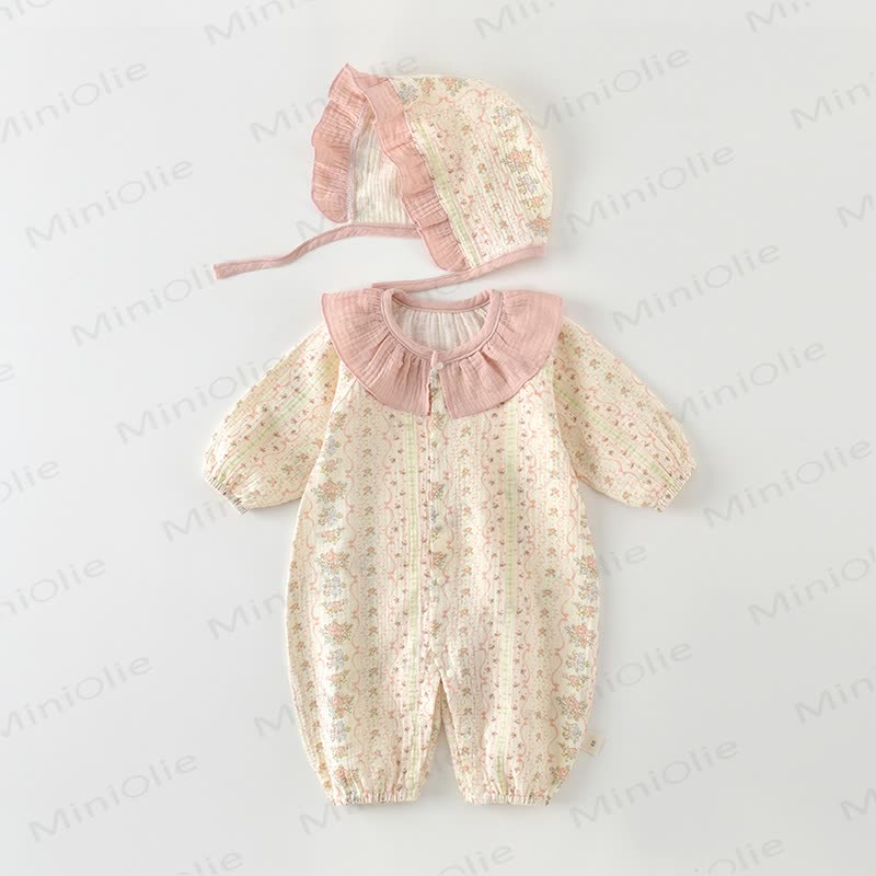 Baby Girl Floral Collar Romper with Hat - Beige - 18-24M - image 1