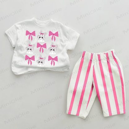 Baby Bow Bunny Pink Vertical Striped 2-piece Set - White&Pink - 2-3T - image 1