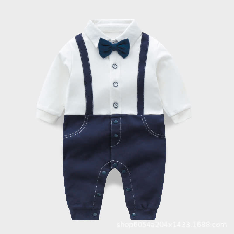 Baby Boy Gentleman Bow Fake 2pcs Romper - Dark Blue - 18-24M - image 1