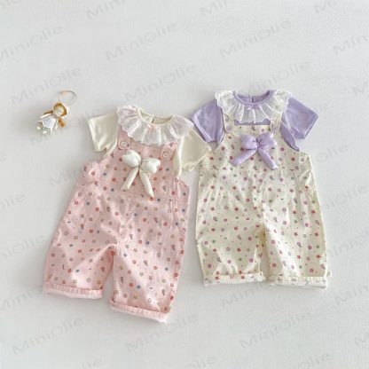 Baby Toddler Girl Bow Flower Overalls/Solid Color Lace Top - image 2