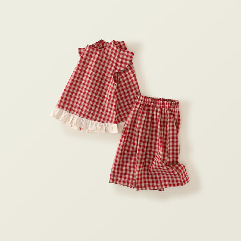 Toddler Kid Girl Plaid Flying Sleeves 2-piece Set - image 2