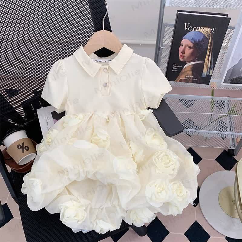 Toddler Kid Girl Flower Polo Collar Dress - Beige - 8Y - image 1