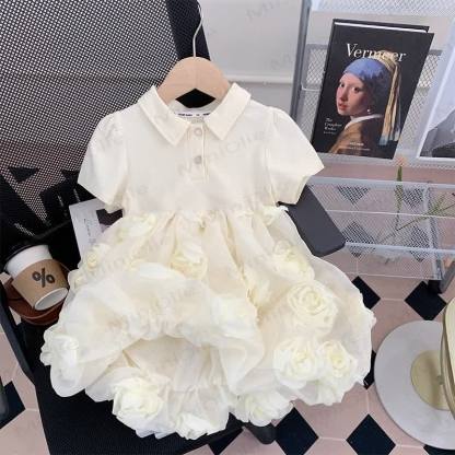 Toddler Kid Girl Flower Polo Collar Dress - Beige - 8Y - image 1