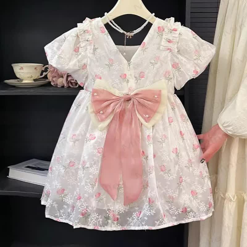 Toddler Kid Girl Flower Bows Dress - White Pink - 10Y - image 1