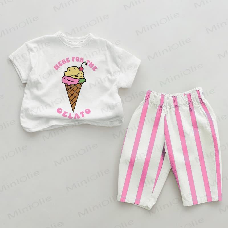 HERE FOR THE GELATO Baby Pink Vertical Striped 2-piece Set - White&Pink - 2-3T - image 1