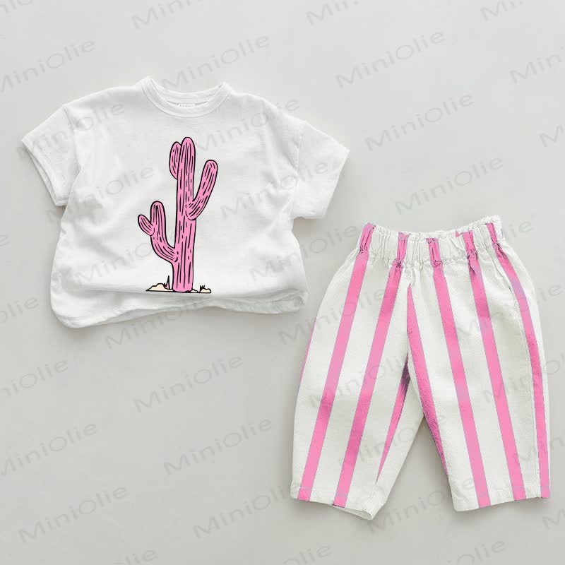Baby Pink Cactus Vertical Striped 2-piece Set - White&Pink - 2-3T - image 1