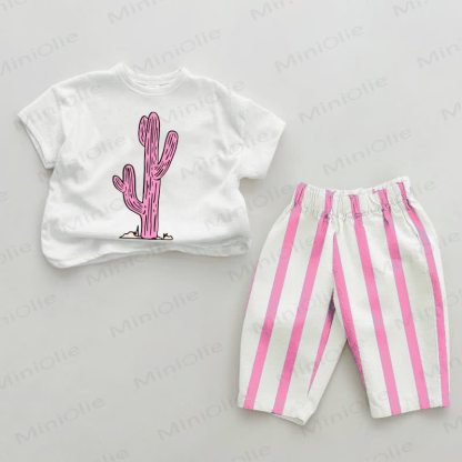 Baby Pink Cactus Vertical Striped 2-piece Set - White&Pink - 2-3T - image 1