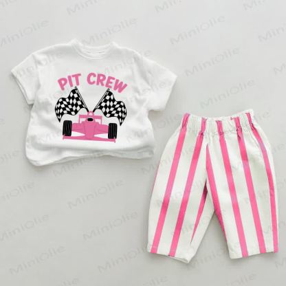 PIT CREW Baby Pink Racing Car Vertical Striped 2-piece Set - White&Pink - 2-3T - image 1