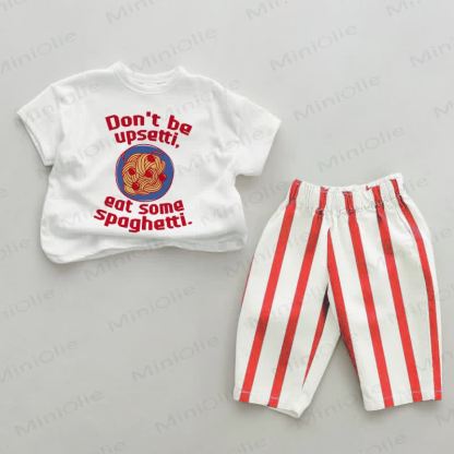 DON'T BE UPSETTI, EAT SOME SPAGHETTI. Baby Red Vertical Striped 2-piece Set - White&Red - 2-3T - image 1